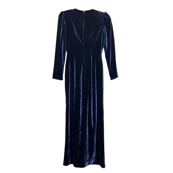 Saloni Jinx C Navy Blue Velvet Crystal Embellished Midi Dress Long Sleeve Slit - Picture 7 of 11